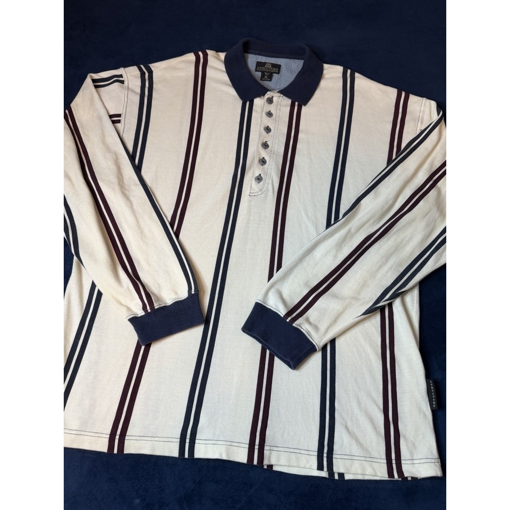 Vtg 90s Structure Vertical Striped Polo Long Sleeve Shirt Mens XL White Navy